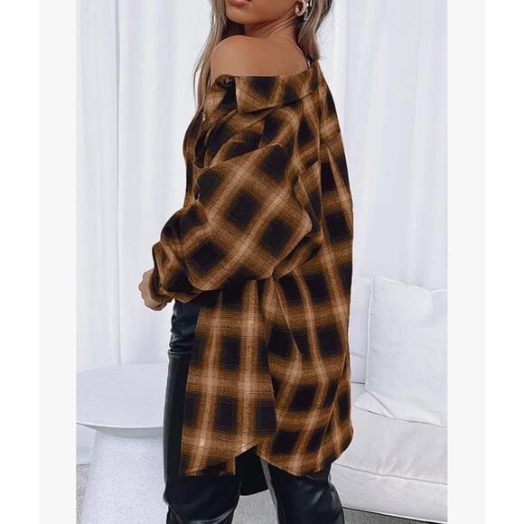 New Chyrii Womens Boyfriends Flannel Shirt Medium Black Brown Plaid Button Down - Picture 4 of 8